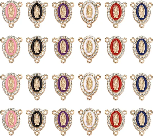 60 piezas de centro de mesa de rosario de 3 vías de color mixto, medalla de eslabones de Virgen María, diamantes de imitación de aleación esmaltada,