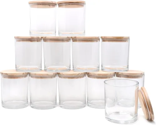 Miniatura 8 de SHOWIN Tarros de vela gruesos de 14 OZ para hacer velas 12 Piezas, tarros vacíos de 3 mechas con tapas de madera para hacer velas, recipiente