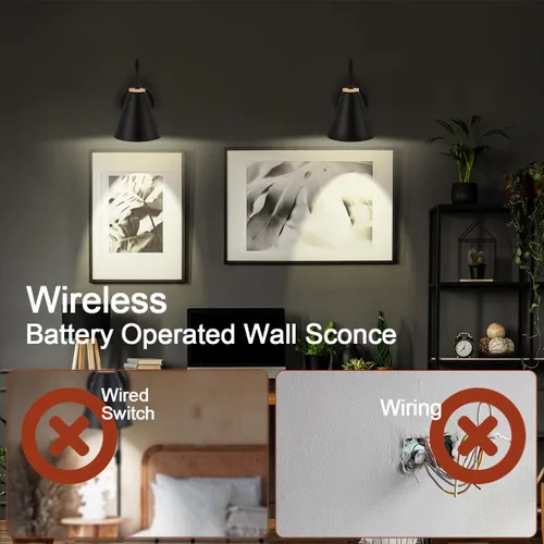 Miniatura 5 de Aplique de pared industrial de madera sintética negra, funciona con pilas, fácil de instalar, sin cables, bombilla LED regulable con control remoto