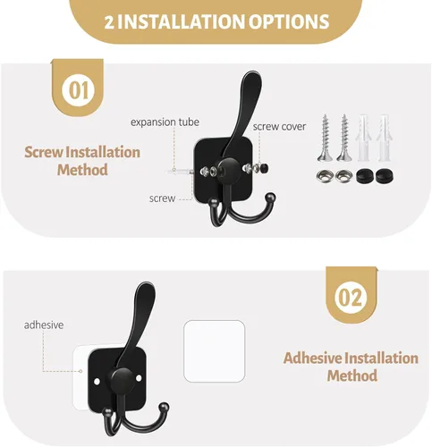 Miniatura 3 de VIS'V Ganchos para colgar abrigos de pared, ganchos de metal autoadhesivos de 3 puntas para puerta de entrada, 2 opciones de montaje, negro, 4