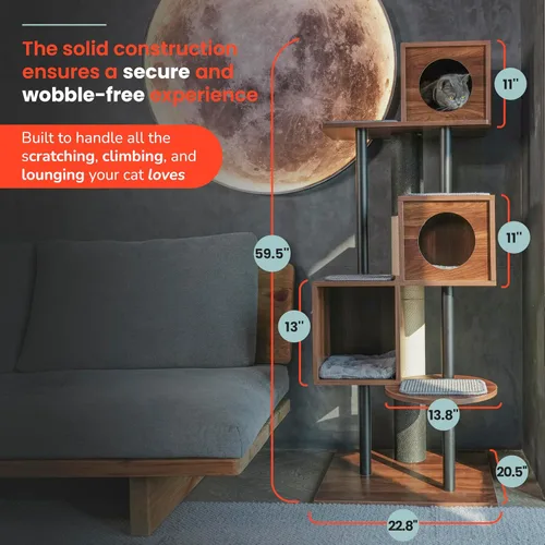 Miniatura 7 de Moderno árbol para gatos, elegante torre de madera estilo muebles (60 pulgadas) se mezcla con decoración del hogar, poste rascador más alto
