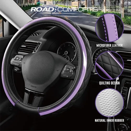 Miniatura 4 de Road Comforts Funda de Volante de Cuero – Negro y Morado, Ajuste Universal 14.5-15 Pulgadas, Cuero de Microfibra, Diseño Antideslizante y Púrpura