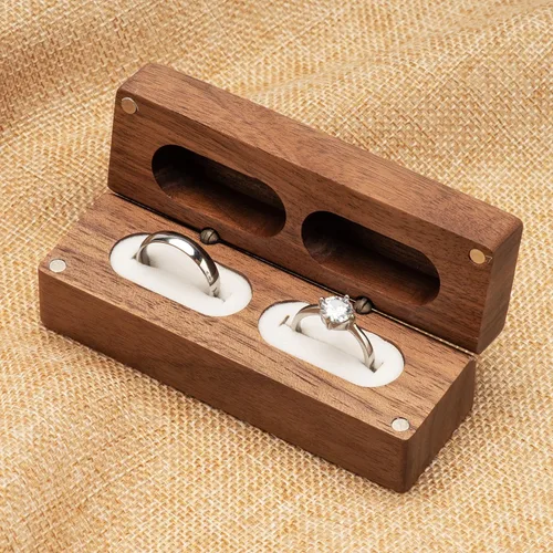 Miniatura 4 de Caja de doble anillo de madera para compromiso de ceremonia de boda, soporte de almacenamiento de anillos, caja decorativa para 2 anillos