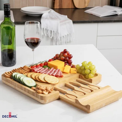 Miniatura 5 de DECOMIL - Juego de tabla de queso y cuchillos de bambú, juego de charcutería, tabla de queso y cubiertos, tabla de cortar queso, % 100% bambú