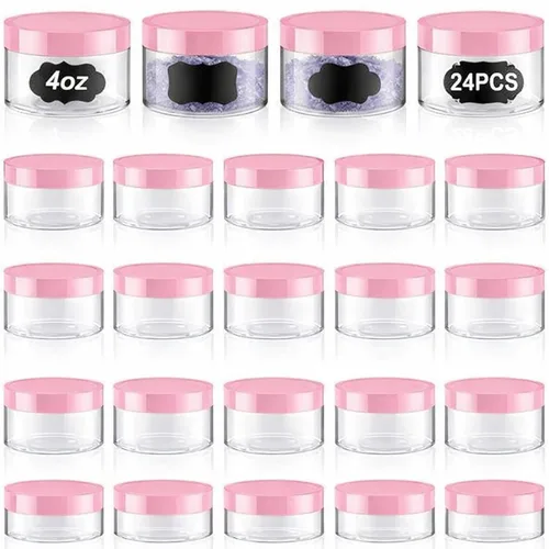 Miniatura 32 de Dandat 24 piezas 8 oz tarro de plástico con tapa y etiqueta recargable, contenedor redondo transparente vacío con muestras cosméticas PET blancas