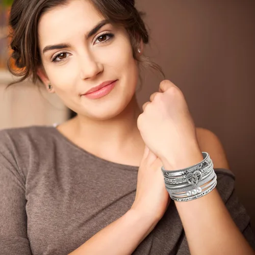 Miniatura 5 de Long tiantian Pulsera de cuero para mujer, pulsera de cuero moderna con corazón de perlas, bohemia, multicapa, joyería con cierre, pulsera de regalo