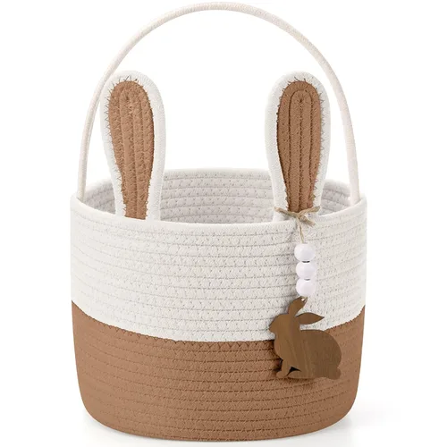 Miniatura 19 de SiliFine Cesta de Pascua para niños, cesta de conejo de Pascua con etiqueta de nombre, oreja de conejo desmontable, regalo tejido rústico para niñas