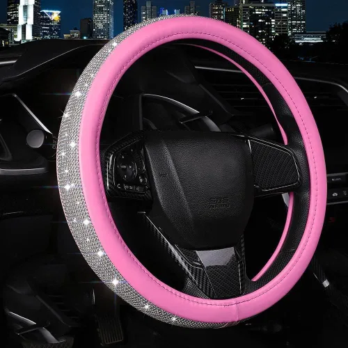 Miniatura 7 de Funda de volante de cuero con diamantes brillantes, fundas doradas para volante para mujeres y niñas con diamantes de imitación de cristal, Dorado