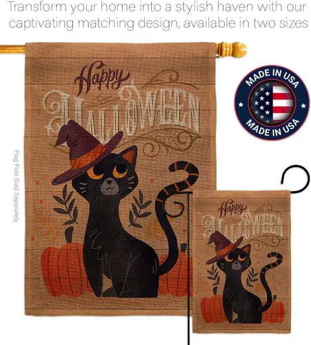 Miniatura 4 de Breeze Decor Juego de bandera de arpillera de gato brujo, decoración de calabaza, decoración de calabaza para otoño, Halloween, Halloween, bruja