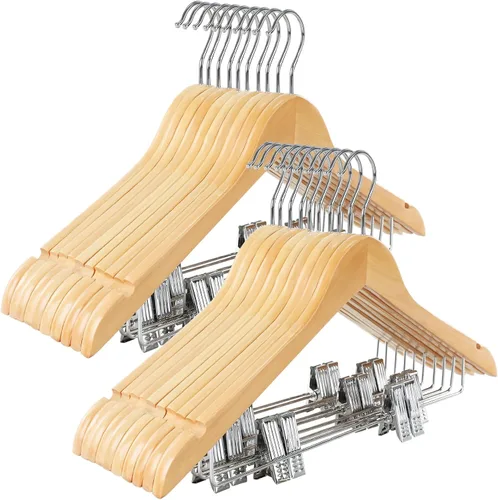 Miniatura 14 de TOPIA HANGER Perchas de madera para trajes con clips de metal ajustables (paquete de 10), perchas de ropa de madera maciza, gancho giratorio