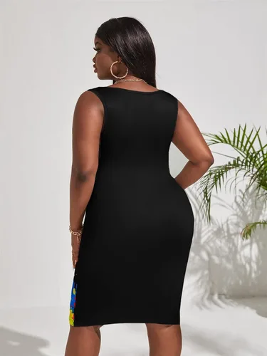 Miniatura 2 de OYOANGLE Vestido de verano sin mangas con estampado de verano para mujer, cuello redondo, ajustado, corte entallado