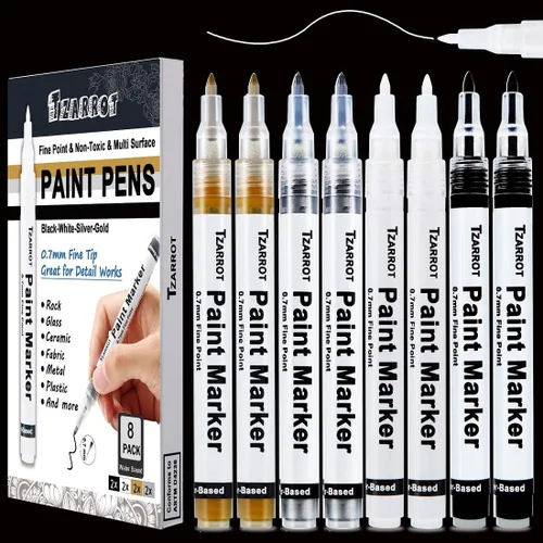 Bolígrafos de pintura blanca, paquete de 8 bolígrafos de pintura acrílica de 0.028 in con 2 marcadores permanentes blancos, 2 negros, 2 dorados, 2