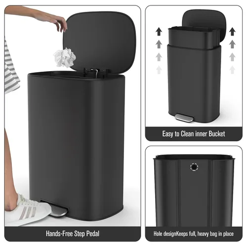 Miniatura 6 de Bote de basura negro de 13 galones con pedal de metal de acero inoxidable para cocina con tapa, cierre suave y silencioso, bote de basura grande