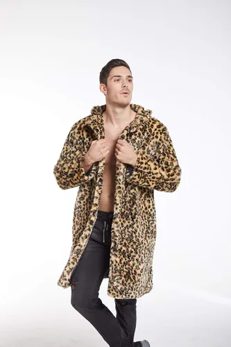 Miniatura 4 de UMREN Abrigos de piel sintética de leopardo para hombre, chaqueta larga de lujo, parka cárdigans