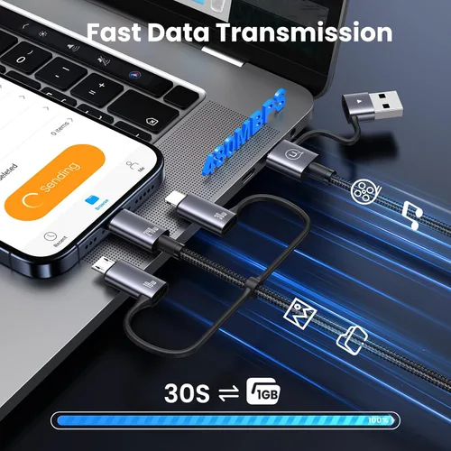 Miniatura 4 de Cable de carga múltiple de 240 W, cable USB C 6 en 1 de 4 pies, cables de carga rápida con puertos USB-C/A a conectores IP/tipo C/micro