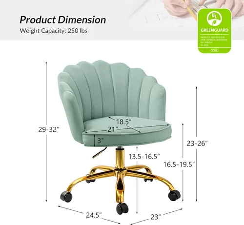 Miniatura 2 de HULALA HOME Silla de oficina en casa de terciopelo con base dorada, silla de escritorio tapizada moderna y linda de concha para mujer para tocador