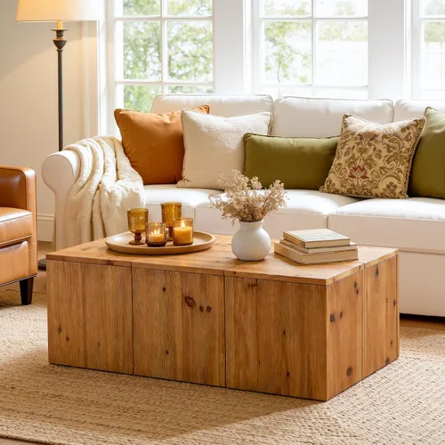 Miniatura 8 de Mesa auxiliar rectangular de madera maciza de 47 pulgadas, mesa central de granja con veta de madera natural, construcción resistente sin tambaleo