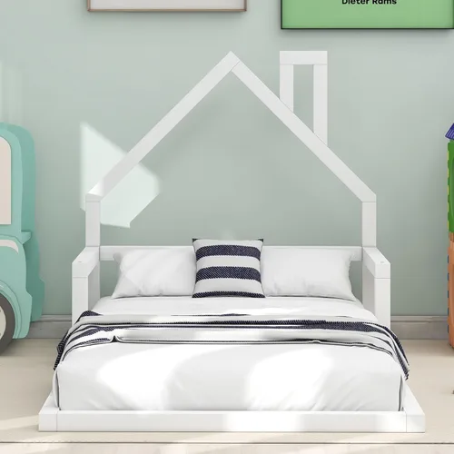 Miniatura 4 de Harper & Bright Designs Cama de suelo de tamaño individual con cabecera en forma de casa, marco Montessori, cama de plataforma para niños, Blanco