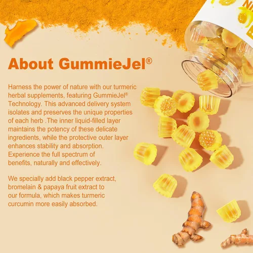 Miniatura 9 de Gomitas rellenas de cúrcuma sin azúcar, 550 mg para adultos, jengibre y pimienta negra 95% curcuminoides con mezcla probiótica prebiótica
