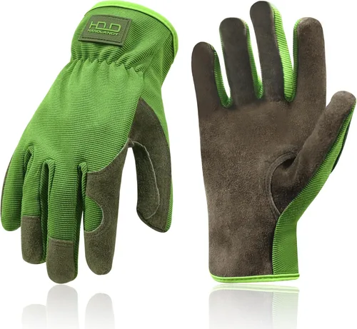 Miniatura 26 de HANDLANDY Guantes de jardinería de cuero para hombre, guantes de trabajo utilitarios para mecánicos, construcción, conductor 3 pares amarillo