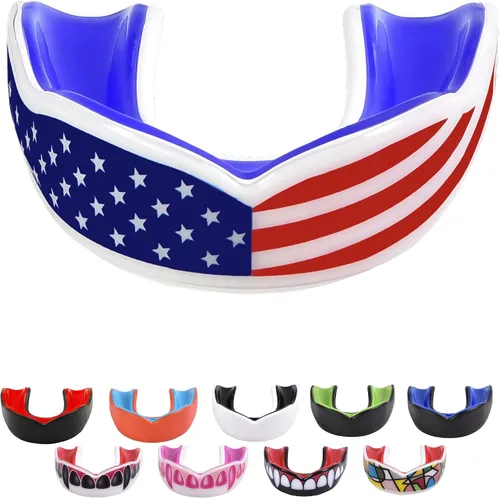 Oral Mart - Protector bucal deportivo para adultos (bandera de EE.UU., colmillos, más de 15 colores para elegir) - Protector bucal para fútbol