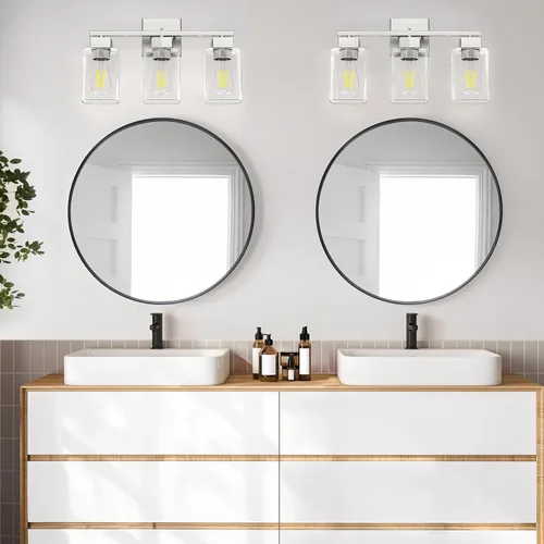 Miniatura 5 de Lámpara de tocador de baño de níquel cepillado, diseño cuadrado de 3 luces, certificación UL y luces cuadradas para baño sobre el espejo