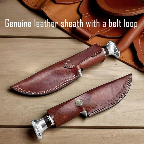 Miniatura 6 de Cuchillo de caza de Damasco con funda de cuero, cuchillos de caza de hoja fija para hombres con mango de asta de ciervo - Cuchillos de regalo