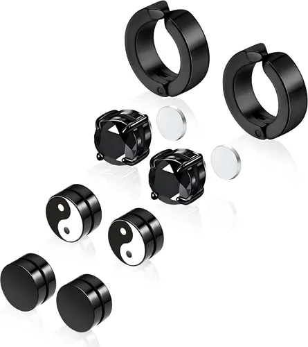 Aretes negros para hombre, 4 pares de aretes de acero quirúrgico, hipoalergénicos Aritos para Hombre, juego de aretes negros para hombre y mujer,