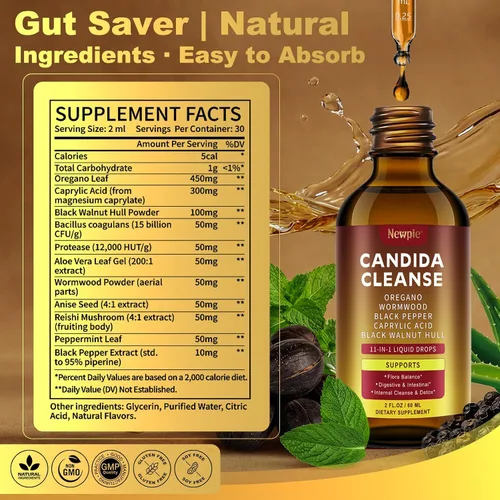 Miniatura 2 de Candida Cleanse Detox Fórmula de triple orientación potenciada con pimienta negra con ácido caprílico, orégano, nogal negro, salud intestinal