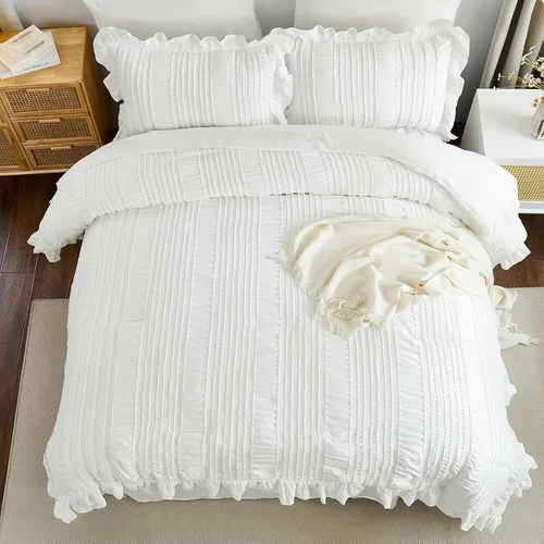 Miniatura 9 de Juego de edredón Queen de WONG BEDDING, edredón blanco y lindo con volantes para cama Queen, juego de 7 piezas en una bolsa, juego de cama