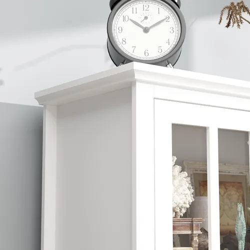 Miniatura 5 de Estantería alta blanca con puertas de cristal, vitrina de madera con estante y cajón ajustables de 3 niveles, armario de despensa para oficina