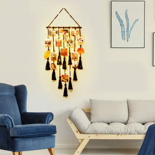 Miniatura 6 de Homecor Decoración de pared colgante de macramé negro, decoración bohemia para habitación, collage de marcos de fotos con luz remota, 30 clips