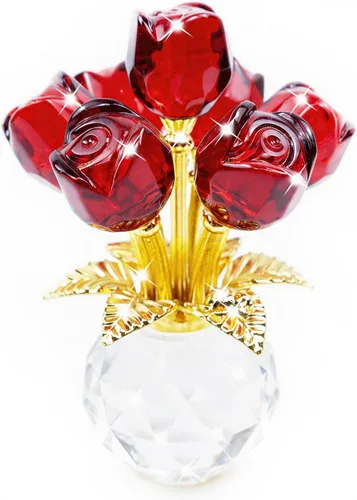 Miniatura 11 de Figura de flor de rosa de cristal con jarrón redondo, flores de cristal, flores de vidrio con tallos, figura de cristal de rosa de cristal, regalos