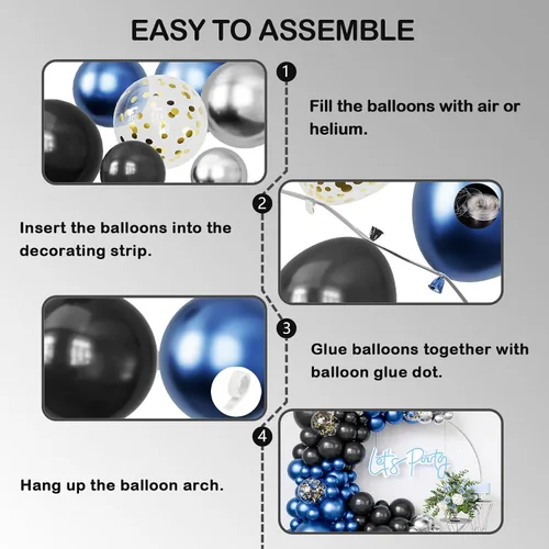 Miniatura 3 de Kit de guirnalda de arco de globos de color azul metálico y negro, globo plateado metálico con lentejuelas doradas, 122 piezas para cumpleaños, Azul