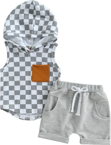 Miniatura 15 de Conjunto de ropa de verano para bebé niño y niño, diseño a cuadros, manga corta, sudadera con capucha y pantalones cortos casuales
