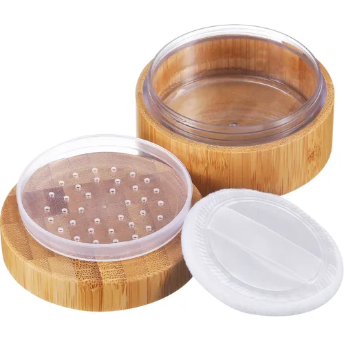 Frienda Tarro de polvo suelto de bambú de 1.0 fl oz y contenedor vacío para maquillaje corporal y cara, caja de viaje, soporte compacto con tapas de