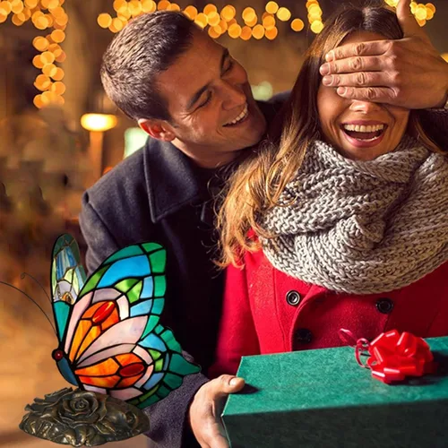 Miniatura 5 de Lámpara de Mesita LED Azul Tiffany Mariposa Nocturna con Interruptor de Encendido/Apagado, Lámpara de Escritorio de Vidrio Manchado, Luz Nocturna