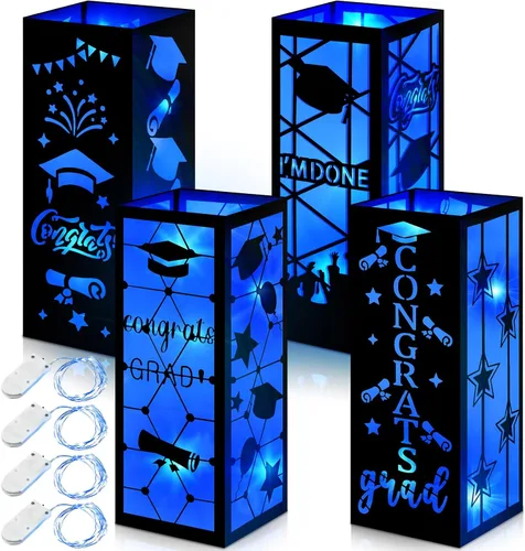Feifeiya 4 piezas de centros de mesa de graduación 2026, faroles de mesa de graduación de clase 2026 con tira de luces LED para felicitaciones, Azul