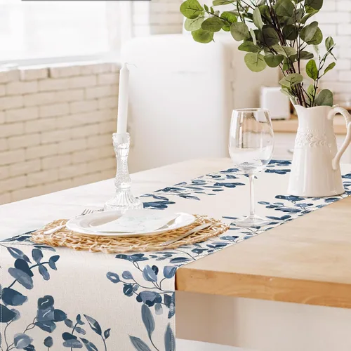 Miniatura 4 de AnyDesign Camino de mesa azul y blanco de 13 x 71.2 pulgadas, hojas de plantas azules, cubierta de mesa de acuarela, cocina, comedor, decoración
