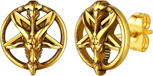 FaithHeart Satan Stud Earrings for Men Sturdy Stainless Steel Satanist Demon Earrings Gothic Punk Satanic Jewelry
