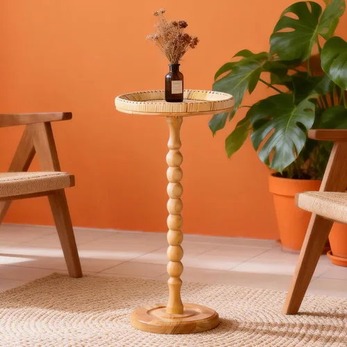 Miniatura 10 de Mesa auxiliar redonda de ratán pequeña para espacios pequeños, mesa auxiliar circular bohemia con patas de madera maciza para sala de estar, mesa