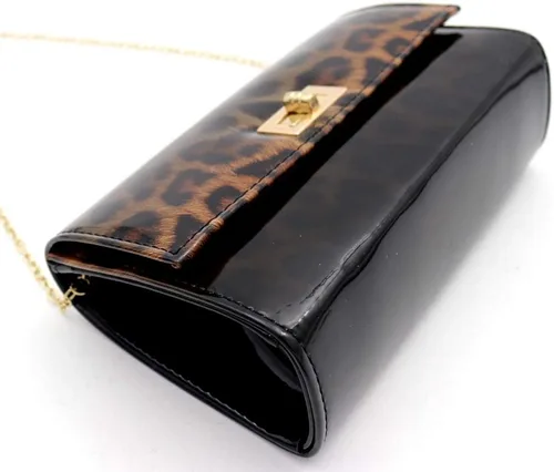Miniatura 5 de Trendeology Bolso de mano de piel sintética brillante con estampado de leopardo con correa de cadena