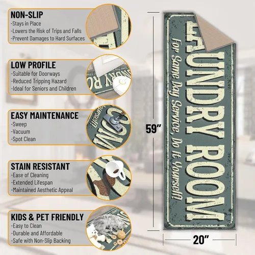 Miniatura 2 de Alfombra lavable a máquina con diseño de texto antideslizante con parte trasera de goma, 2 x 5, para lavandería, para baño, lavadero, 20 x 59