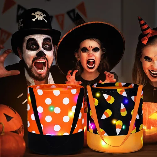 Miniatura 3 de Teling 6 bolsas de dulces de calabaza iluminadas para Halloween, cestas de regalo reutilizables para fiestas de cumpleaños