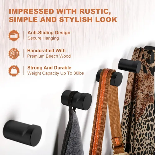Miniatura 2 de BSDONTE Ganchos de pared de madera (paquete de 6), ganchos decorativos negros – resistentes, colgadores de pared para abrigos, mochilas, toallas
