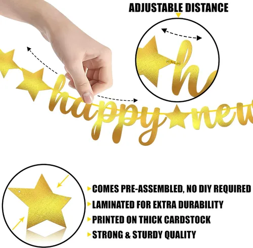 Miniatura 5 de KatchOn, Pancarta de Feliz Año Nuevo de Oro Brillante - 3.05 metros, Pre - Enhebrado Telón de Fondo de Feliz Año Nuevo para Decoraciones de Año
