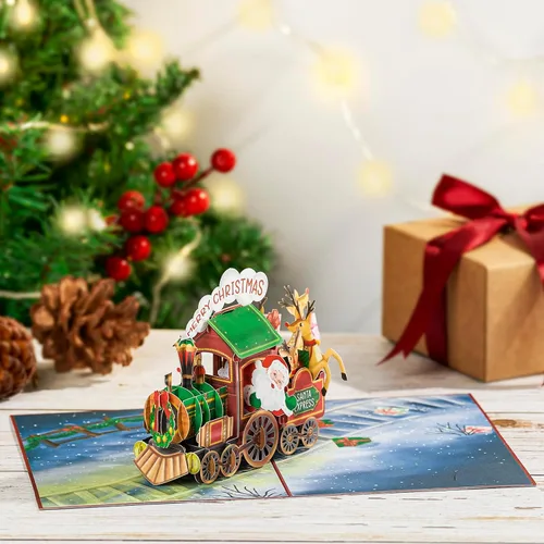 Miniatura 4 de POPWOW Tarjetas desplegables de tren de Navidad, Papá Noel, reno, tarjeta de felicitación de Navidad 3D, hermoso regalo para niños, marido, esposa