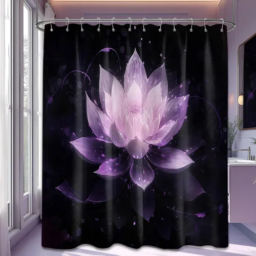 Miniatura 65 de Cortina de ducha con flores de loto negro y azul para decoración de baño, juego de cortinas decorativas de baño con estampado floral, tela
