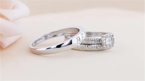 Miniatura 4 de Dazzlingrock Collection Round White Diamond Halo Illusion Wedding Trio Ring Set For Men Women 010 ctw Color I-J Clarity I2-I3 in 925 Sterling Silver