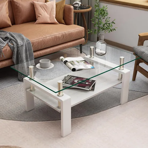 Miniatura 13 de Mesa de centro rectangular de vidrio para sala de estar, con mesa de vidrio templado y capa de MDF, para sala de estar y oficina